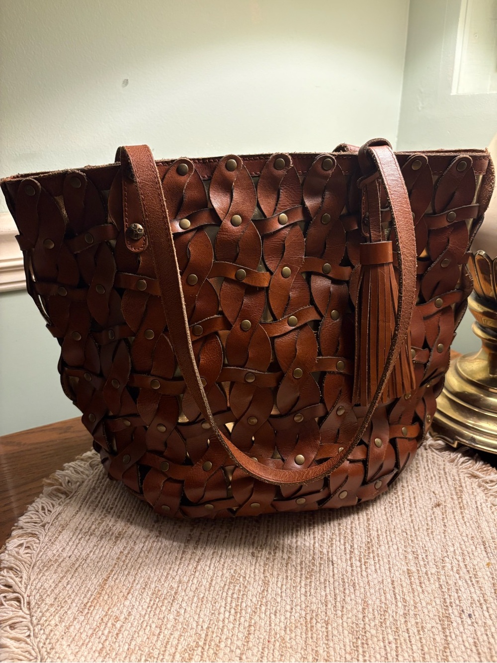 Patricia Nash Woven Leather Tote Bag, gold lining- Brown, gently used
